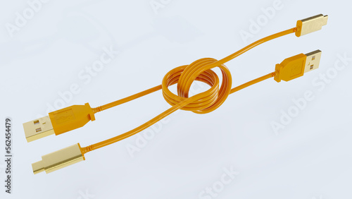 3D render of yellow usb type-c isolated on white background. usb cable on white