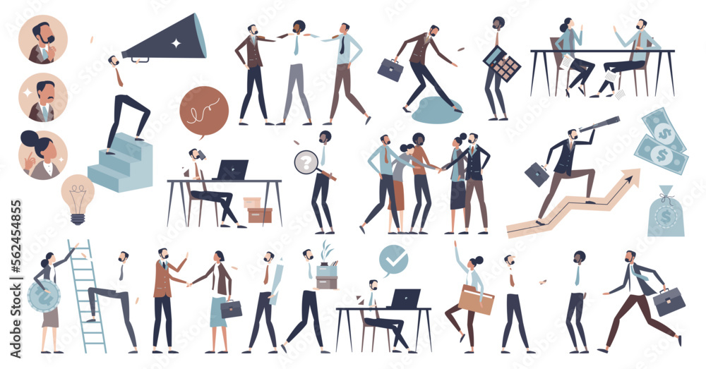 Business people set with businessman work elements tiny person collection, transparent background. Company employees, team and executive employers items with corporate style illustration.