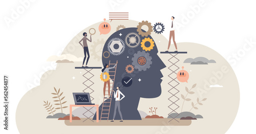Cognitive process and psychological mind learning process tiny person concept, transparent background.
