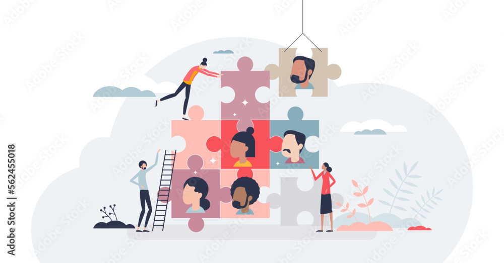 Human management and HR resources for business team tiny person concept, transparent background. Employee organization and company staff effective usage illustration. - obrazy, fototapety, plakaty 
