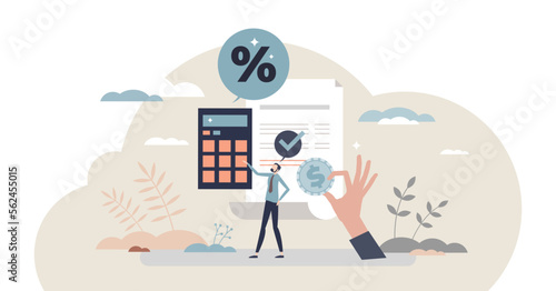 Income tax calculation and financial VAT money refund tiny person concept, transparent background. Government payment calculation after accounting annual budget analysis illustration. photo