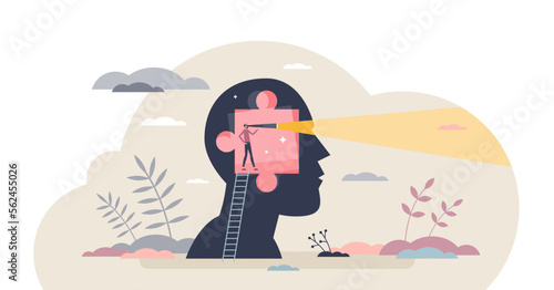 Intuition or future vision sight as ability to predict tiny person concept, transparent background. Visionary skills with unconscious understanding about anticipation illustration. photo