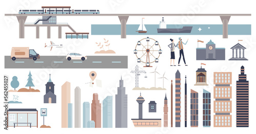 Infrastructure set with facilities and transportation elements tiny person collection, transparent background.Modern city architecture and building items illustration.