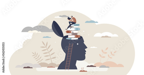 Lifelong learning and literature reading for education tiny person concept, transparent background. Personal development and experience improvement with never stop learning mindset illustration.