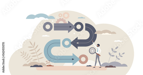 Methodology and design development process workflow tiny person concept, transparent background. Product improvement strategy with quality progress and framework implementation illustration.