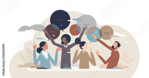 Open communication and free partner thoughts sharing tiny person concept, transparent background. Business teamwork with idea brainstorming or opinion diversity.