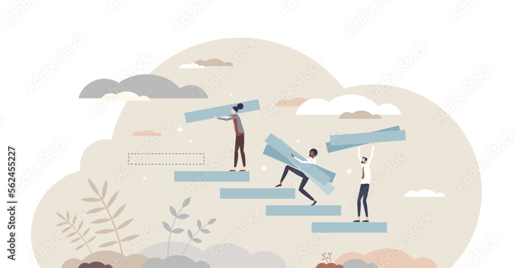 Building confidence with motivation or career development tiny person concept, transparent background. Business growth as ladder or staircase climbing with help of partners and teamwork illustration. - obrazy, fototapety, plakaty 