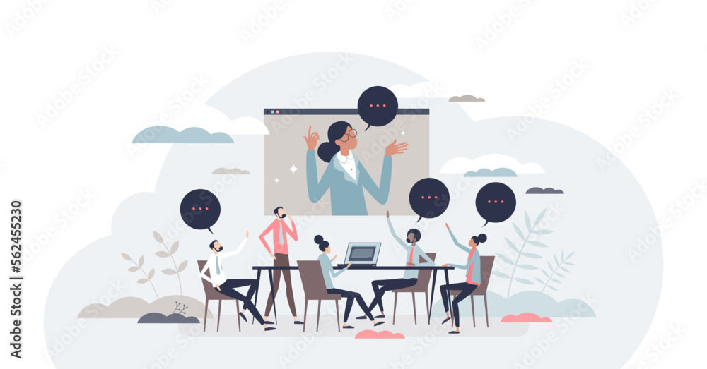 Business conference room with audience and speaker talk tiny person concept, transparent background. Auditorium lecture with distant seminar using video call screen illustration.