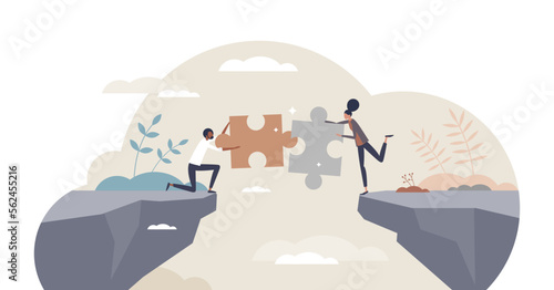 Bridging the gap and overcome couple relationship problem tiny person concept, transparent background. Communication link and puzzle pieces connection as solution for settlement illustration.