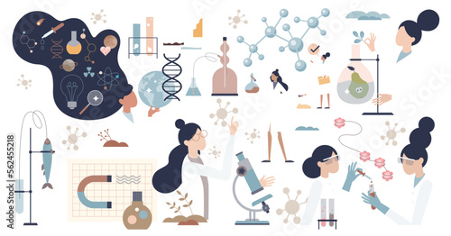 Woman in science set or female scientist in laboratory tiny person collection, transparent background. Medicine, physics or chemistry job profession items.