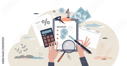 Budget planning and financial family money management tiny person concept, transparent background. Couple assets and wealth calculation with tax percentage and monthly income illustration.
