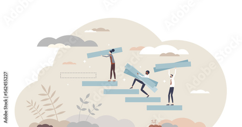 Building confidence with motivation or career development tiny person concept, transparent background. Business growth as ladder or staircase climbing with help of partners and teamwork illustration.