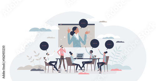 Business conference room with audience and speaker talk tiny person concept, transparent background. Auditorium lecture with distant seminar using video call screen illustration.