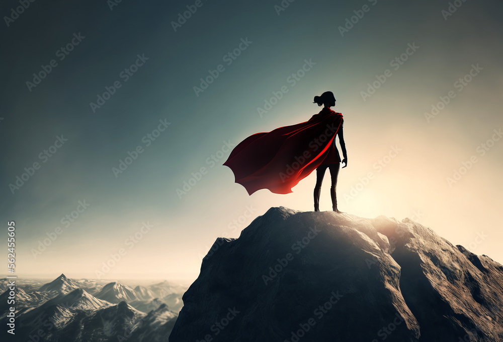Super hero woman on top of a mountain. Generative ai - obrazy, fototapety, plakaty 
