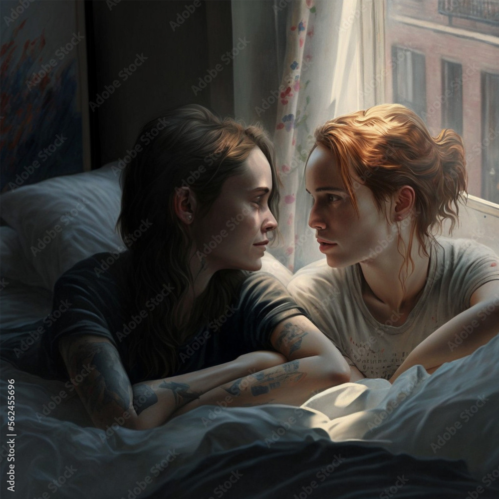 two women, lgbt love, realism, imax, detailing, on the bed, in the apartment, Generative AI.