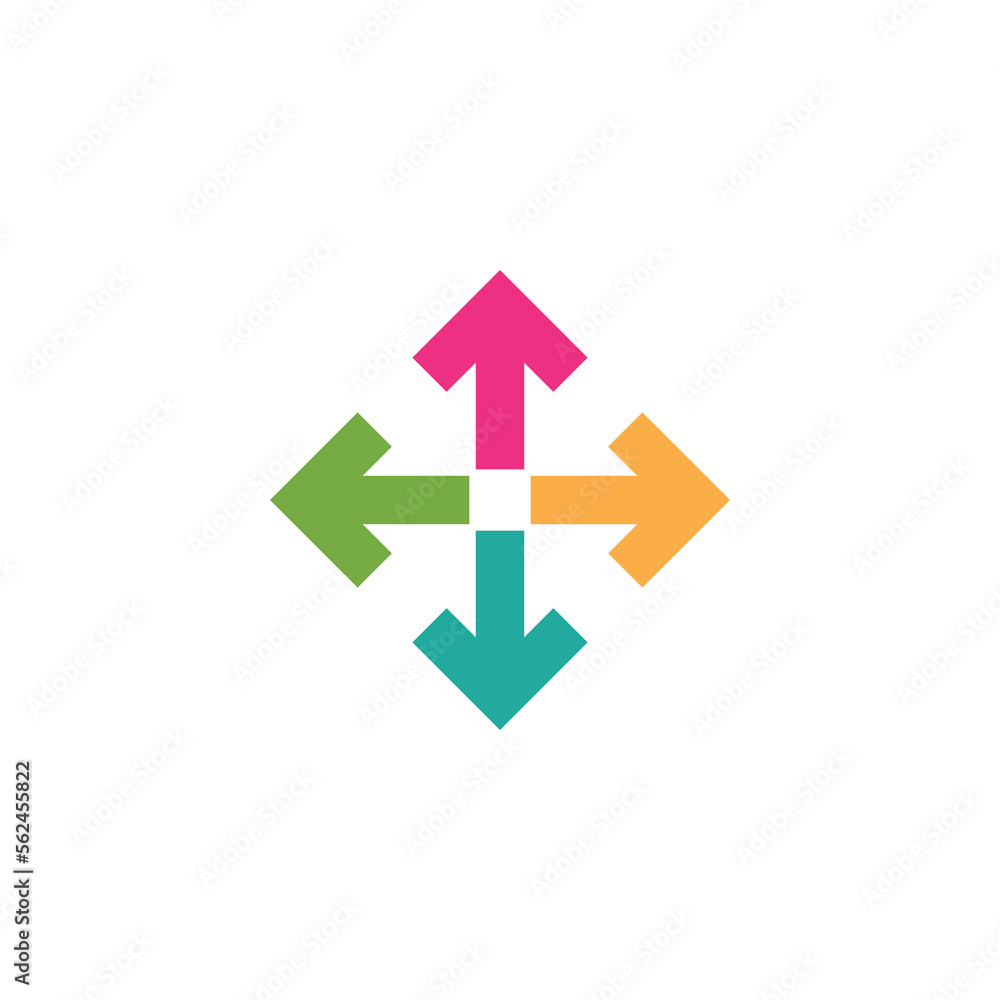 four colorful arrows point out from the center. Expand Arrows icon. Outward Directions icon. Vector illustration. Isolated on white. green, blue, pink, yellow four colorful arrows point out from the center. Expand Arrows icon. Outward Directions icon. Vector illustration. Isolated on white. green, blue, pink, yellow