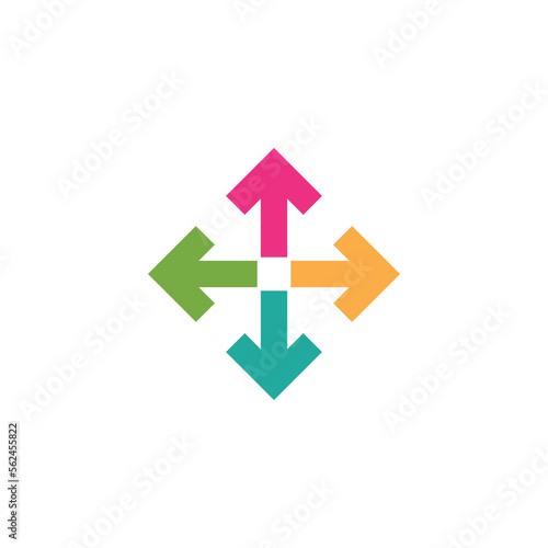 four colorful arrows point out from the center. Expand Arrows icon. Outward Directions icon. Vector illustration. Isolated on white. green, blue, pink, yellow