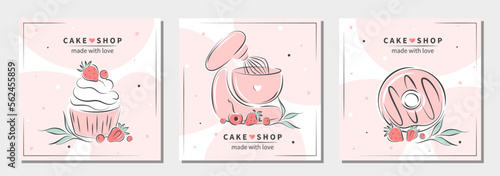 Cake shop logos. Planetary stationary dough mixer, cupcake, donut and berries. Set of design for pastry and bread shop.  Vector illustration
