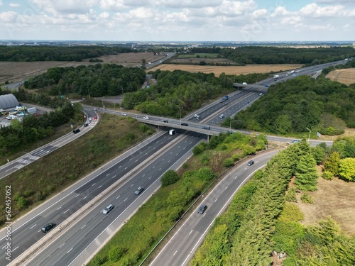 Hastingwood interchange junction on M11 Harlow Essex UK drone aerial view