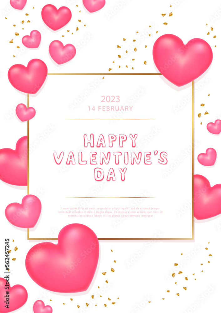 Postcard to Valentine's Day. Banner with voluminous pink hearts and gold crumbs, calligraphic inscription. Vector