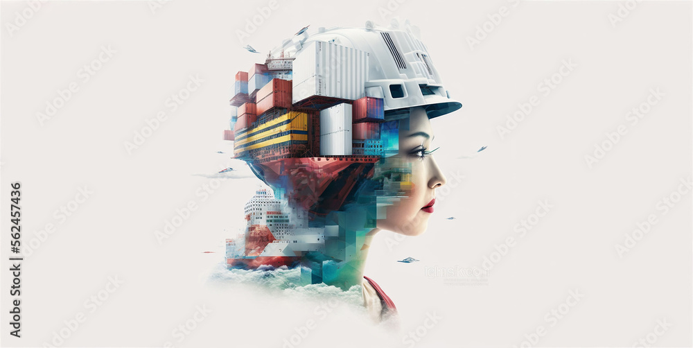 Future of Container ship loading and unloading, Cargo construction engineering the devotion project with double exposure to civil engineering design. Future modern construction projects. Generative AI