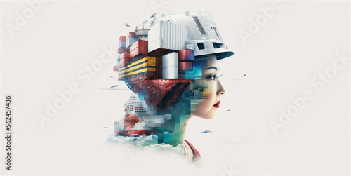 Future of Container ship loading and unloading, Cargo construction engineering the devotion project with double exposure to civil engineering design. Future modern construction projects. Generative AI