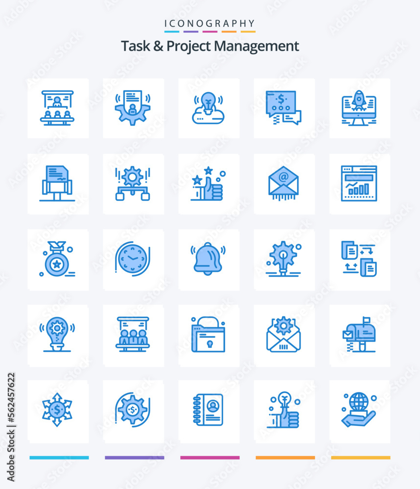 Creative Task And Project Management 25 Blue icon pack  Such As rocket. dollar. card. mail. creative campaign
