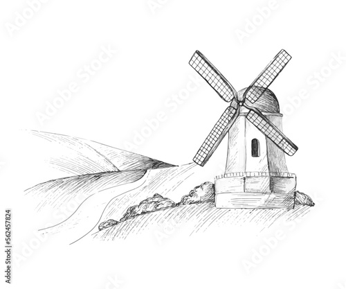 Rural landscape with windmill and fields. Vector hand drawn engraving style.