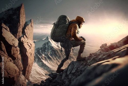 Extreme tourist or climber with a backpack climbs to a high mountain peak, AI generative