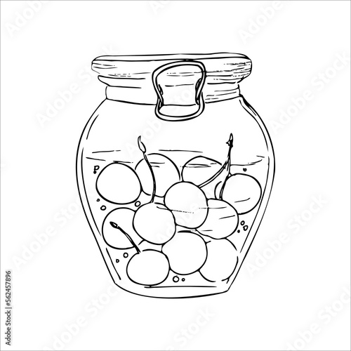 Jar with cherry jam. Graphic vector illustration.