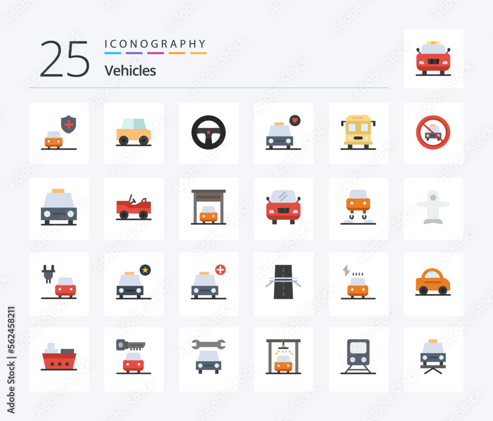 Vehicles 25 Flat Color icon pack including disabled. transport. vehicles. school. heart