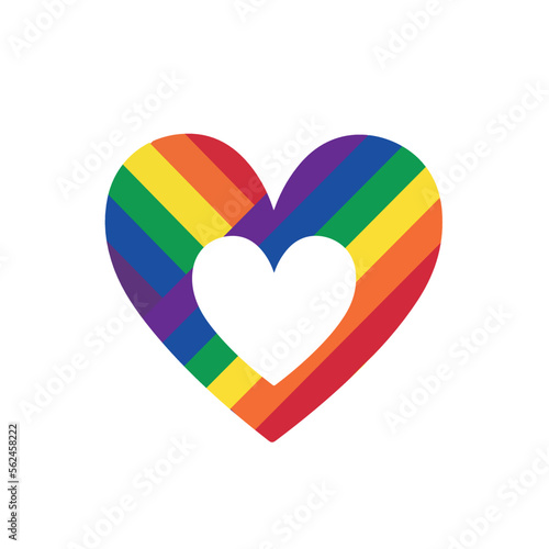 Un corazón con la bandera y colores del orgullo gay. Vista de frente y de cerca. Icono vector