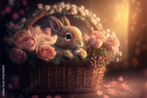 Cute valentines bunny rabbit with rose, rose petals, romantic gesture, bunny rabbit in basket valentine, loving © Layerform
