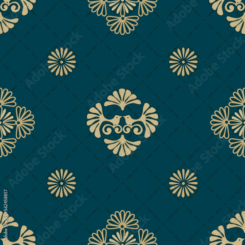 Abstract brass tone folk style ornament motif dark green background pattern print. Vector illustration is perfect for textiles, stationery, wallpaper, packaging design, interior decoration. Surface