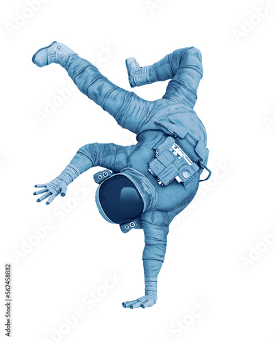 astronaut explorer is dancing hip hop on white background