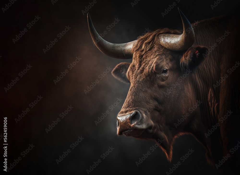 closeup of a head of an angry brown bull or cow profile isolated on dark background closeup of a head of an angry brown bull or cow profile isolated on dark background
