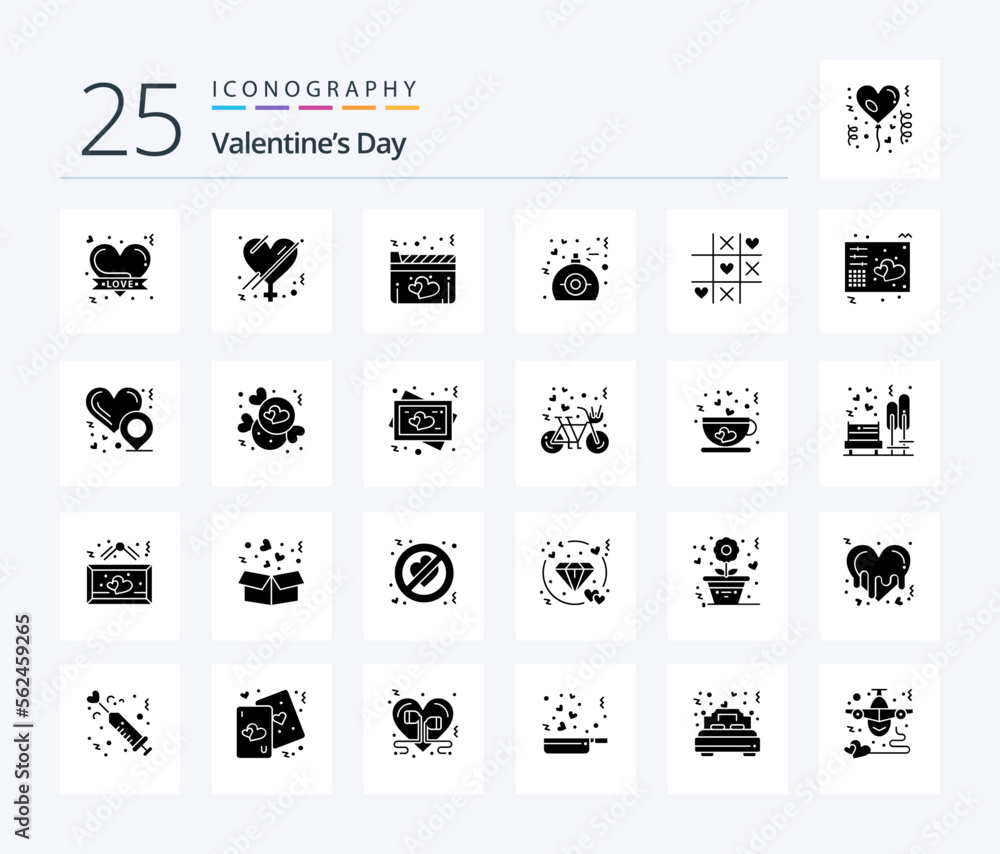 Valentines Day 25 Solid Glyph icon pack including heart. present. film. perfume. gift