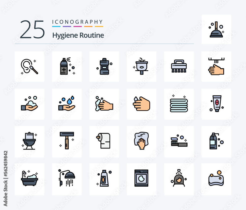 Hygiene Routine 25 Line Filled icon pack including cleaning. wash. cleaner. shower. bathroom