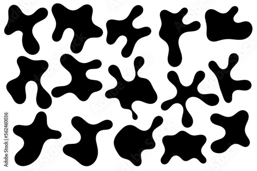 Big set of organic abstract random blob shapes. Fluid irregular forms elements. Liquid blotch silhouettes, water, wave, ink, abstract black element, bubble shapes, irregular oval, random shapes.