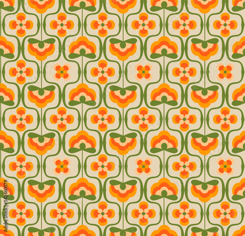 70's retro seamless vector pattern. Geometric floral vintage background. Abstract seventies texture