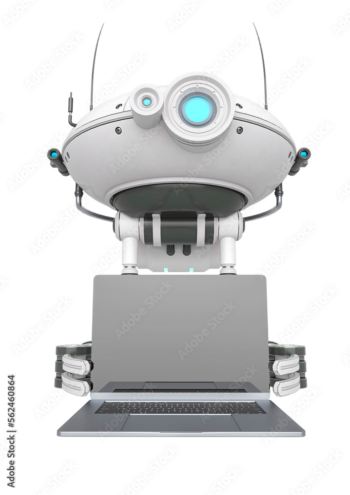 floating robot is holding a notebook in white background floating robot is holding a notebook in white background