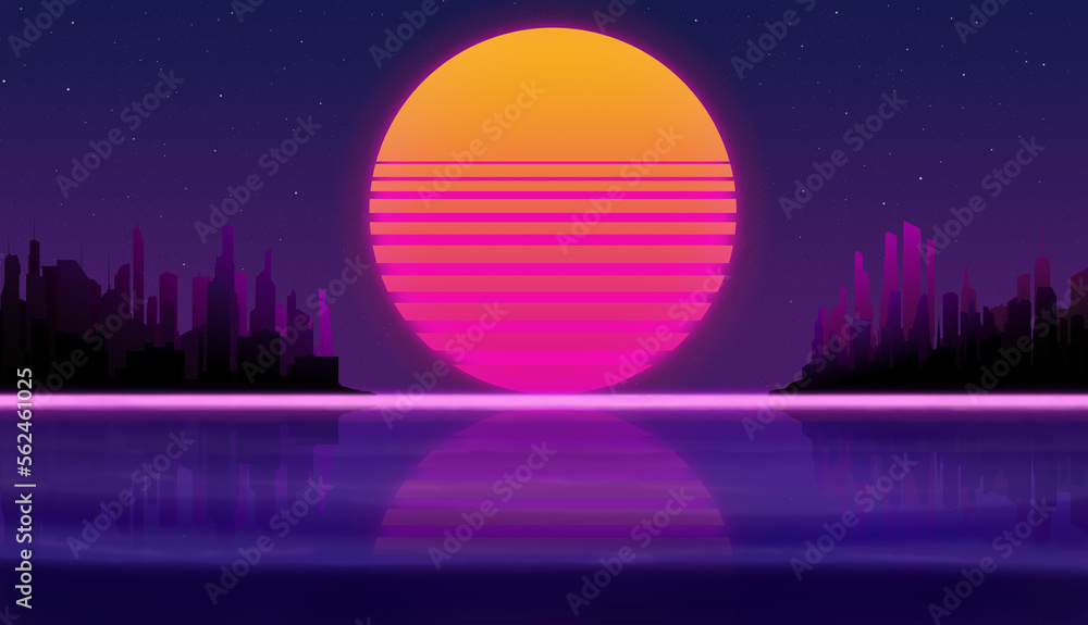 fantastic sunset on the beach against the background of a starry sky and a city with skyscrapers on the horizon