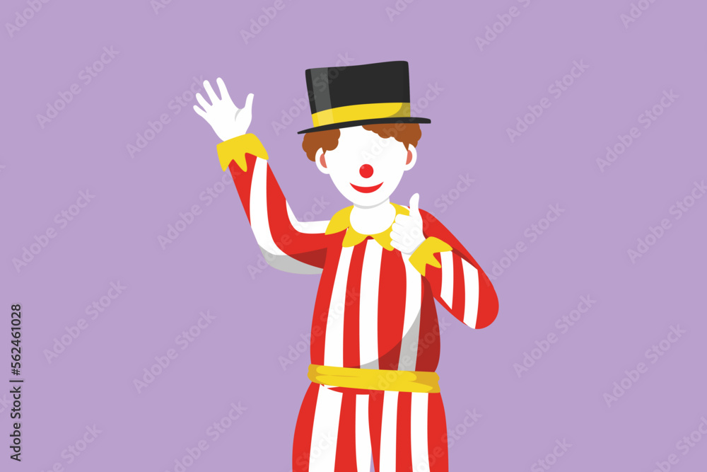 Graphic flat design drawing male clown hand say hi and the other hand with thumbs up gesture. Wearing hat and smiling face makeup. Entertain kids at birthday party. Cartoon style vector illustration Graphic flat design drawing male clown hand say hi and the other hand with thumbs up gesture. Wearing hat and smiling face makeup. Entertain kids at birthday party. Cartoon style vector illustration