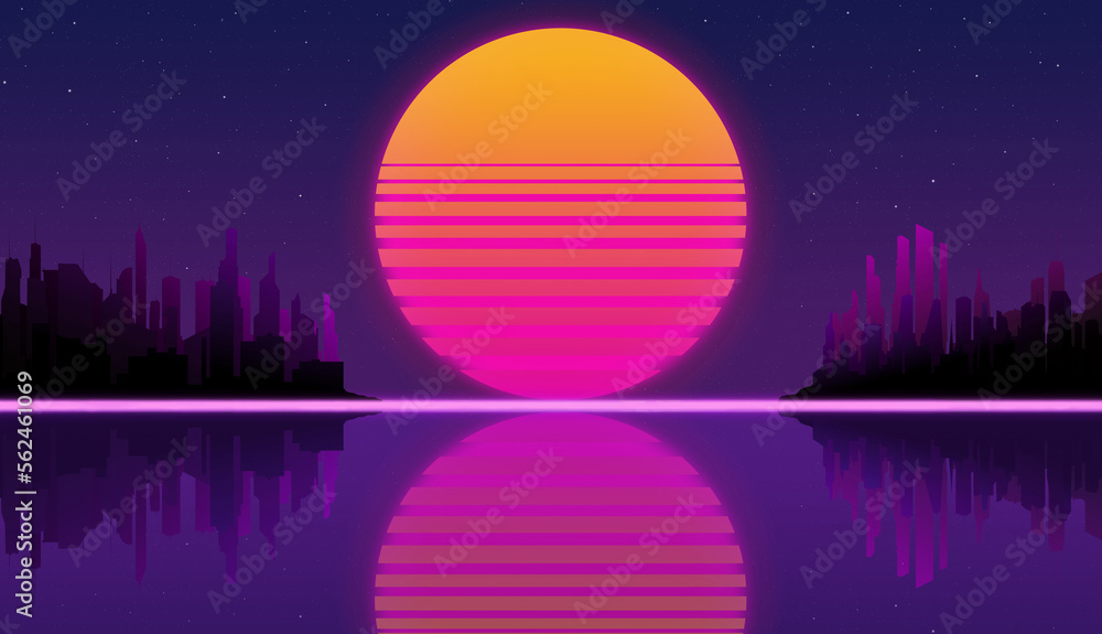 fantastic sunset against the background of the starry sky and a city with skyscrapers on the horizon with reflection