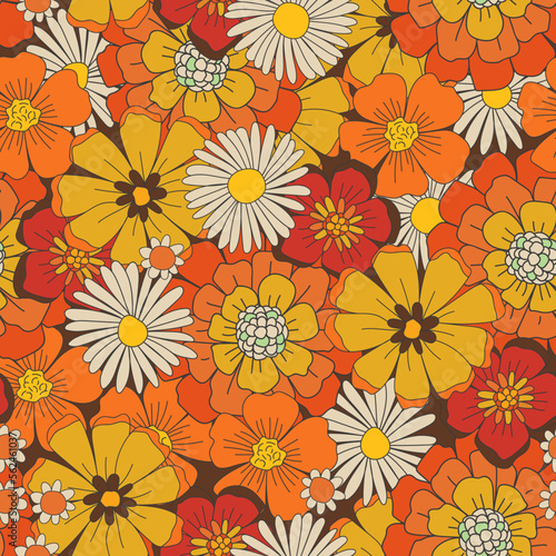 Colorful Floral Vector Seamless Pattern. Retro 70s Style Nostalgic Fashion Textile Bold Background. Summer Resort Print. Daisies. Flower Power