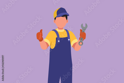 Cartoon flat style drawing attractive male mechanic holding wrench with thumbs up gesture and ready to perform maintenance on the vehicle engine or transportation. Graphic design vector illustration