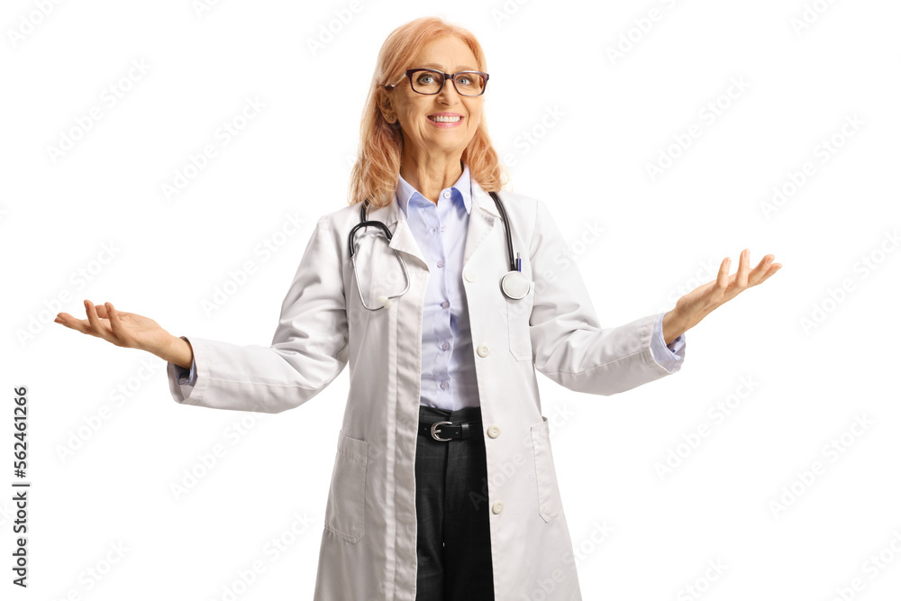Female doctor smiling and gesturing with hands Female doctor smiling and gesturing with hands