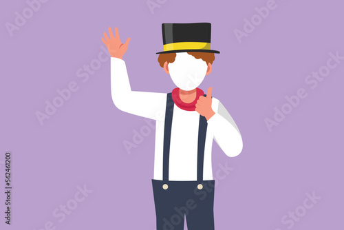 Cartoon flat style drawing male mime artist say hi with thumb up gesture, white face make up puts on silent motion comedy show at circus show. Creative job industry. Graphic design vector illustration