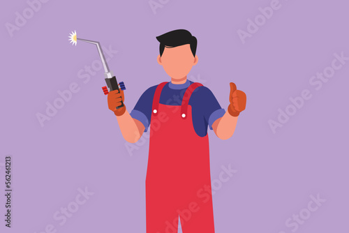 Character flat drawing active male welder holds welding tool with thumb up gesture, working in construction of building forming steel frame that is melted by fire. Cartoon design vector illustration