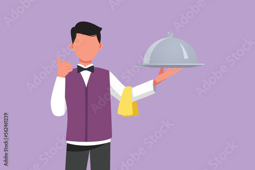 Graphic flat design drawing male waiter holding tray of delicious meals with thumbs up gesture serving customers in restaurant. Work hard to make guests feel happy. Cartoon style vector illustration